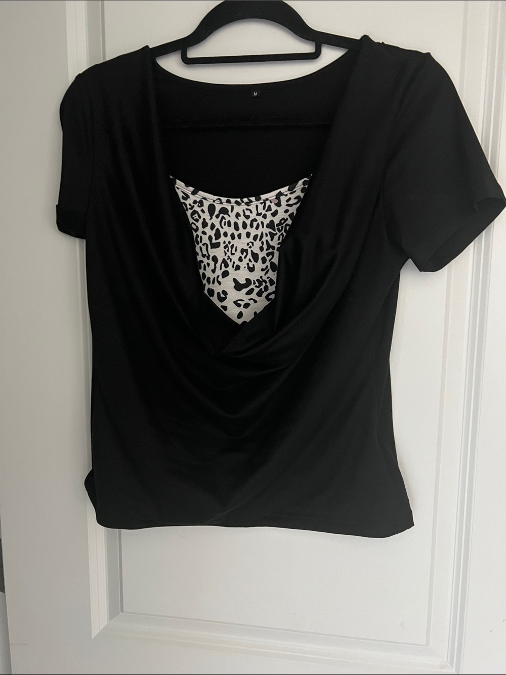 Black Short-Sleeve Draped Top with Leopard-Print Inset